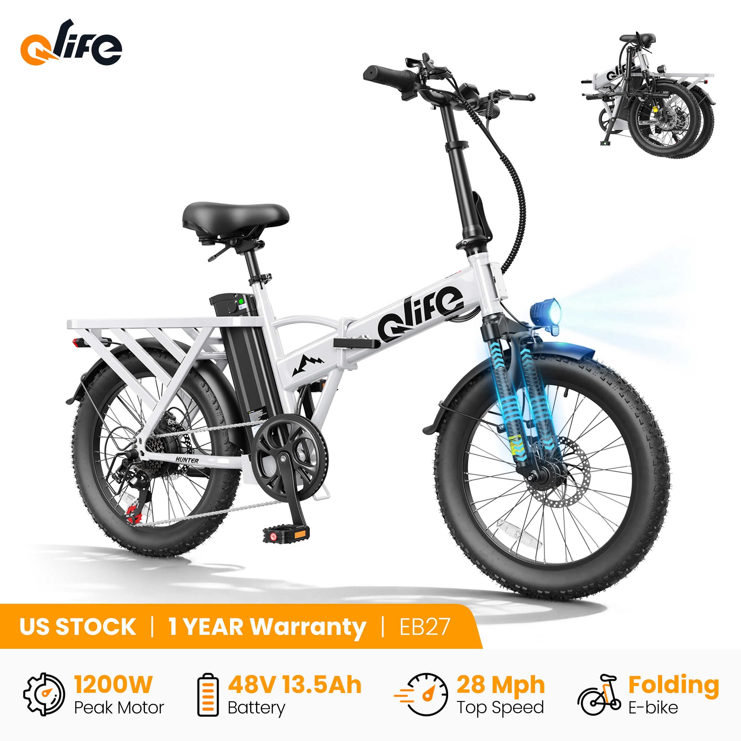 Qlife Hunter 大人用電動自転車、1200W ピークモーター 48V 13.5Ah バッテリー、20"×3" ファットタイヤ折りたたみ電動自転車、28MPH 65Mi 長距離電動自転車