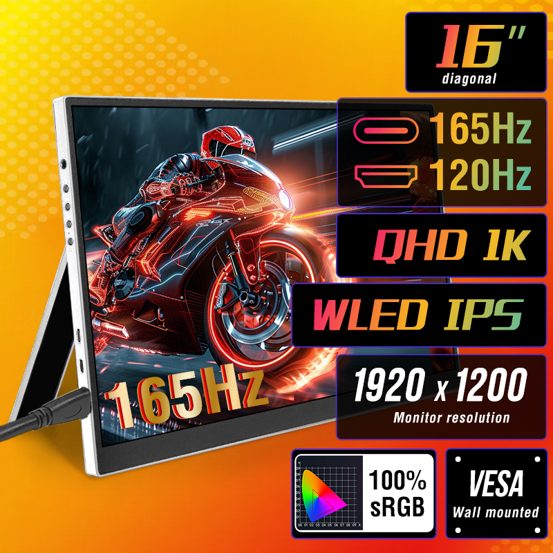16 インチポータブルモニター 120HZ/165HZ IPS セカンドゲーム画面拡張ディスプレイノートパソコン用ブラケット付き xbox/ラズベリーパイ