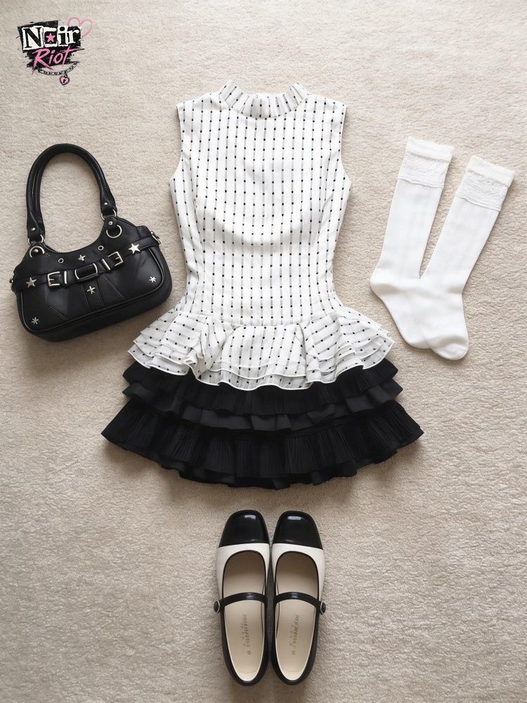 Y2K Coquette Girly Ryousangata 2 Piece Set Women Polka Dot Print Ruffle Crop Top Mini Cake Skirt Casual Retro Daily Outfits 2026