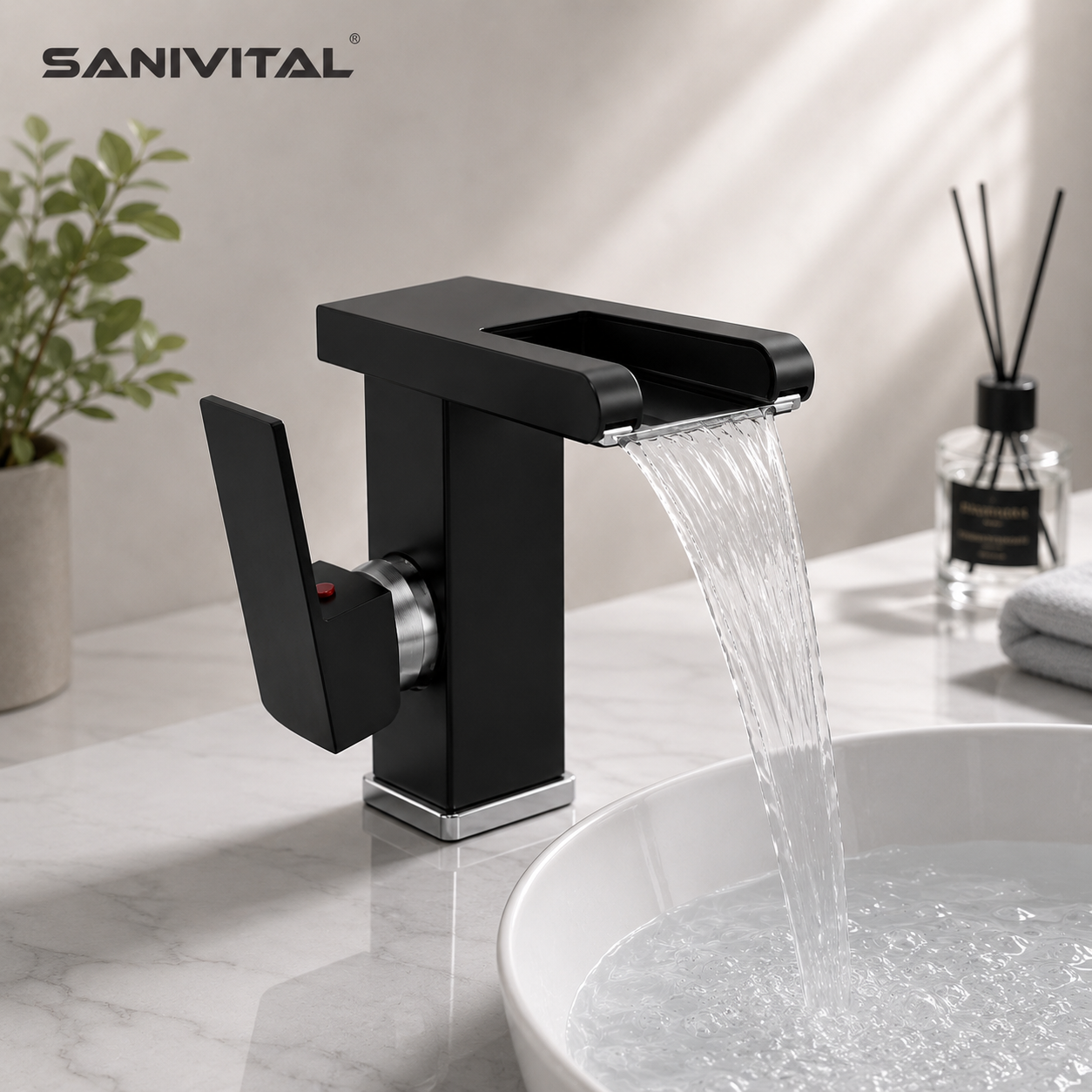 SANIVITAL 滝浴室の蛇口マットブラック洗面器ミキサータップホットコールドシングルハンドル洗面所の蛇口