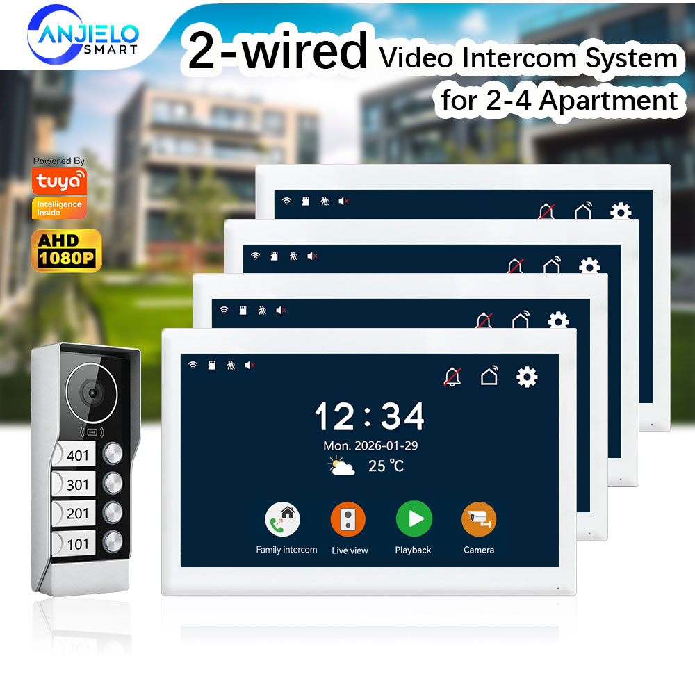 ANJIELO 2-Wired 2-4 Unit Apartments 1080P Doorbell Video Intercom with RFID Card Unlock Tuya Smart Home Video Entry Phone