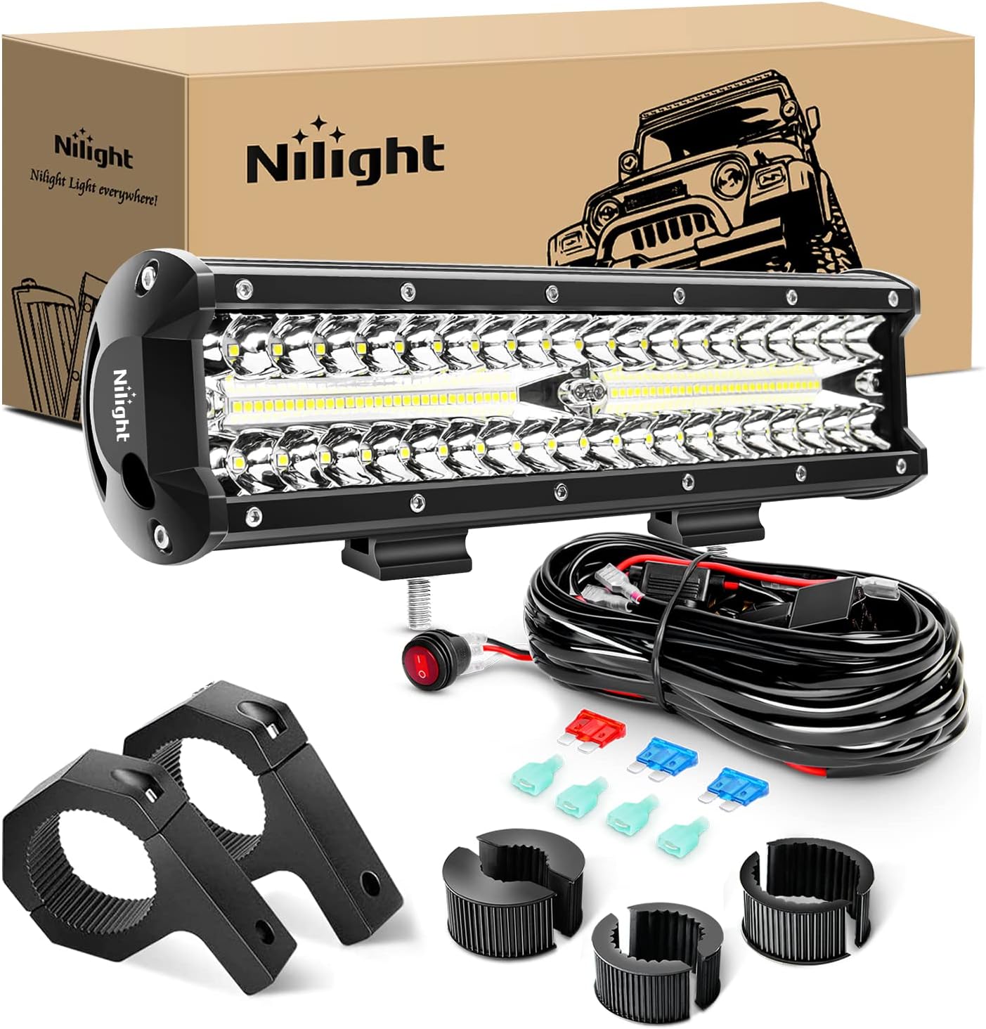 Nilight 12 インチ湾曲 300W LED ライトバー 3 列フラッドスポットコンボ、アルミニウムハウジング、IP67 防水、30000LM、フラッドスポットコンボ LED ライト、2 個の取り付けブラケットワイヤーキット 12V 24V LED バー SUV T用