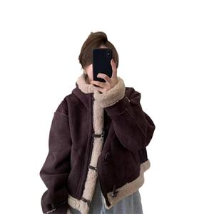 レディース冬用ウールコート、スモールベルスリーブ、ボタン付き、一体型、厚手のコットン素材、ゆったりとしたシルエット、ファーコート風トレンチコート、小サイズ