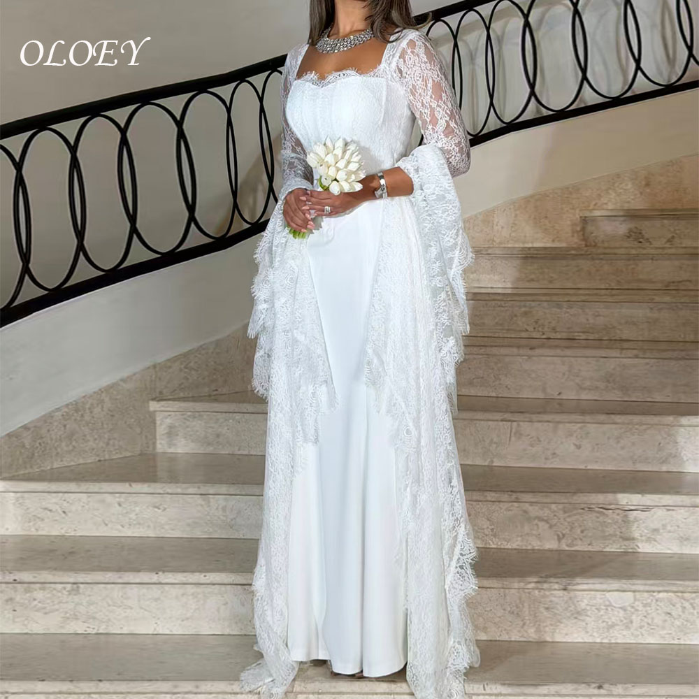 OLOEY クラシックホワイトマーメイドウェディングドレススクエアカラーレース長袖イブニングドレスブライダルドレスカスタムvestidos de noiva