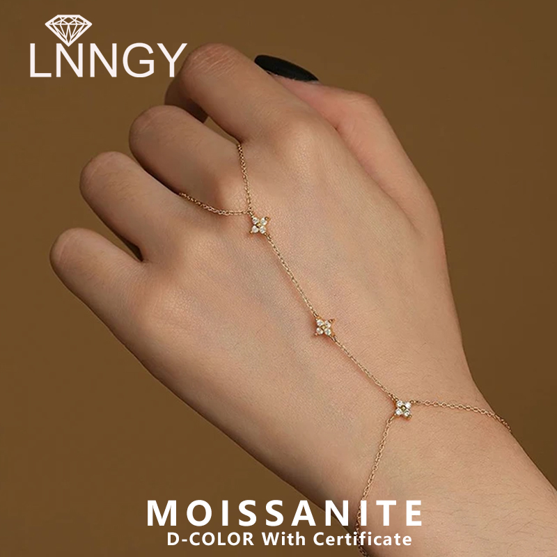 Lnngy 認定モアッサナイトブレスレットリング付き 925 スターリングシルバー四つ葉フラワーフィンガーブレスレット女性のためのハンドチェーンジュエリー