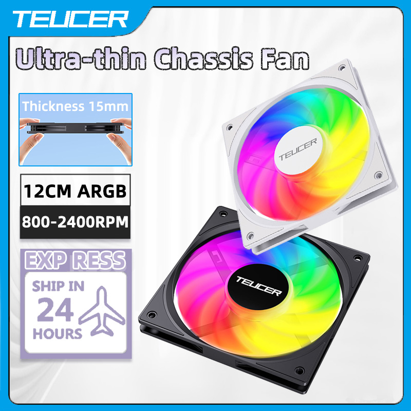 TEUCER ARGB CPU ケースファン 120mm 低ノイズ超薄型デザイン 5V 3PIN マザーボード照明同期 PWM 800-2400RPM ケースクーラーファン
