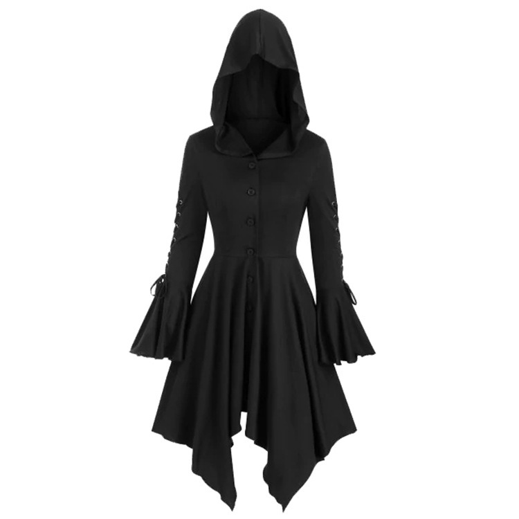 Hooded Dress for Women Lace-up Flare Sleeve Button-up Dress with Hood Black Dark Goth Witches Halloween Party Wear