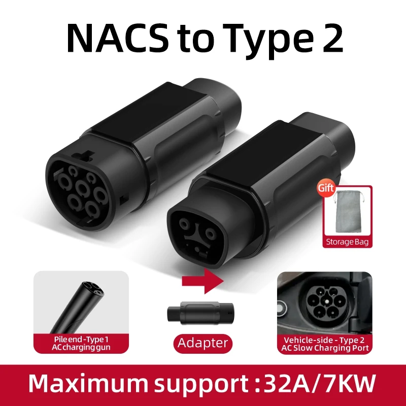 32A 7KW 電気自動車 EV 充電アダプタ NACS からタイプ 1 J1772/タイプ 2 IEC62196/GBT20234 互換テスラ充電コネクタ