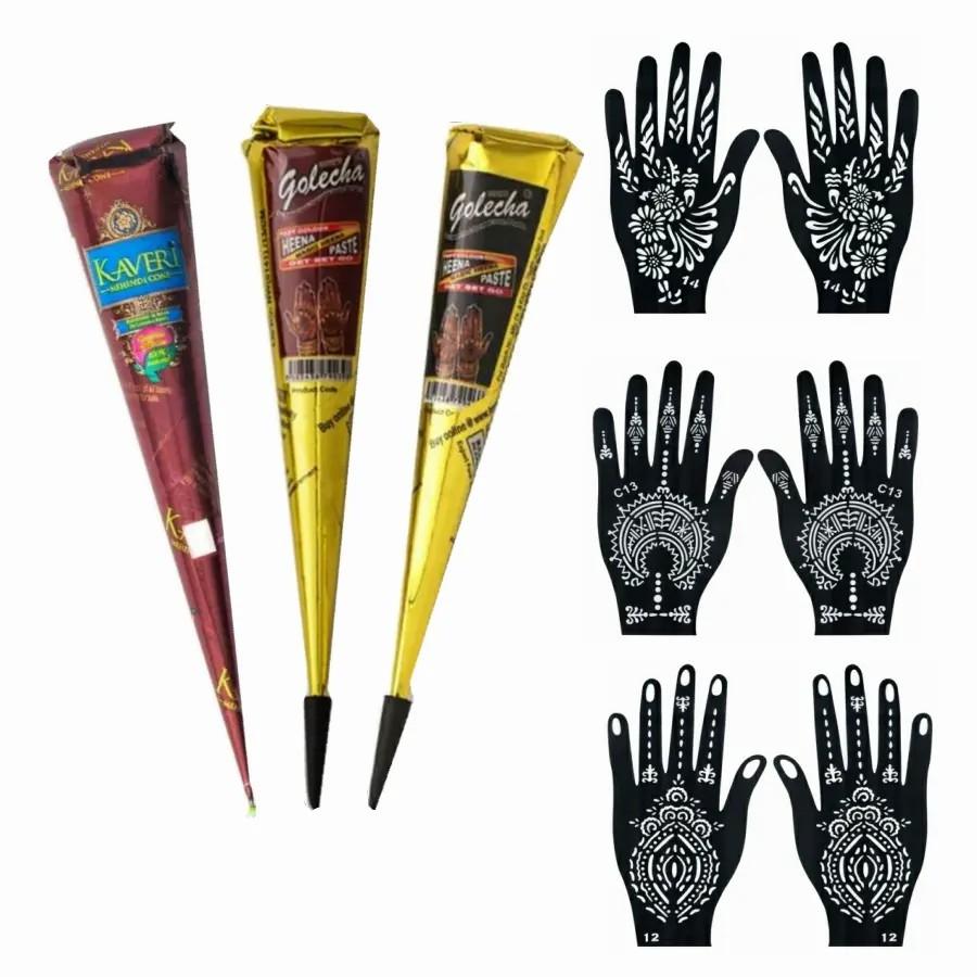 ヘナタトゥーペーストセット、ヘナペースト3本、一時的なタトゥーステンシル6本、ボディーアート用防水ヘナタトゥー