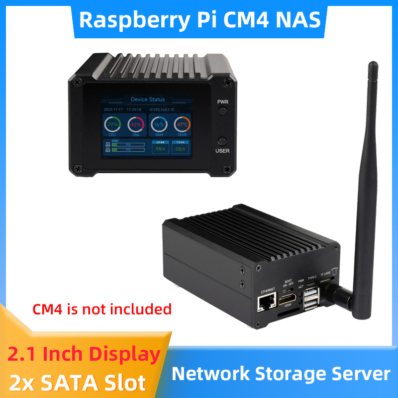 ラズベリーパイ CM4 NAS ホストホームネットワークストレージサーバーデュアル SATA スロット 2 インチ画面アルミケース冷却ファンアンテナ電源