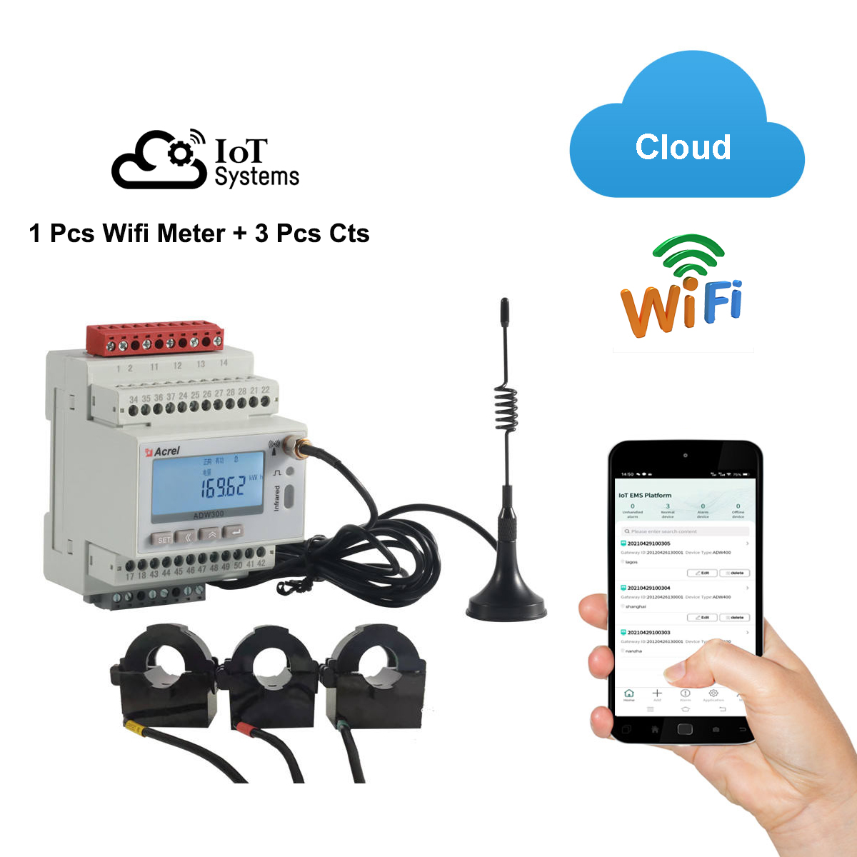 Acrel 1 個 IoT WIFI ワイヤレススマートエネルギーメーター 3 相 MQTT RS485 Modbus-RTU 3 個の分割コア 0-1000A 変流器付き