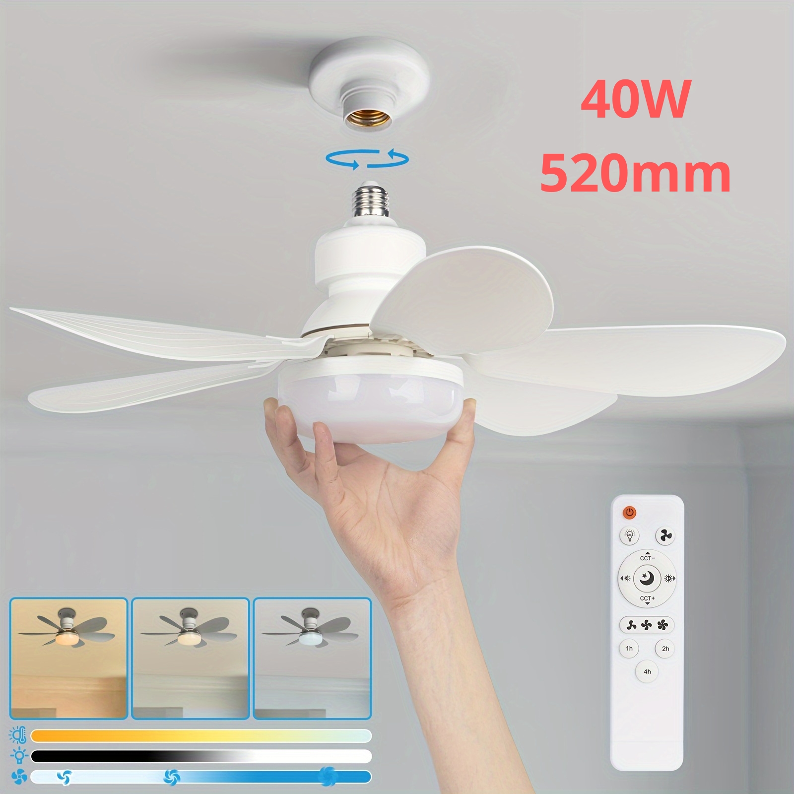 40W ソケットファンライト、ライトとリモコン付き 21.5 インチネジ式シーリングファン、LED 付き E27 ソケットファン、バスルーム、寝室、キッチン用
