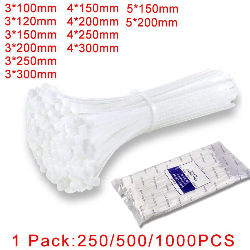 250/500/1000Pcs White Self-locking Plastic Nylon cable Zip Ties 3*100 3*150 4*200 Fastening Ring Nylon Clamp strap with lock