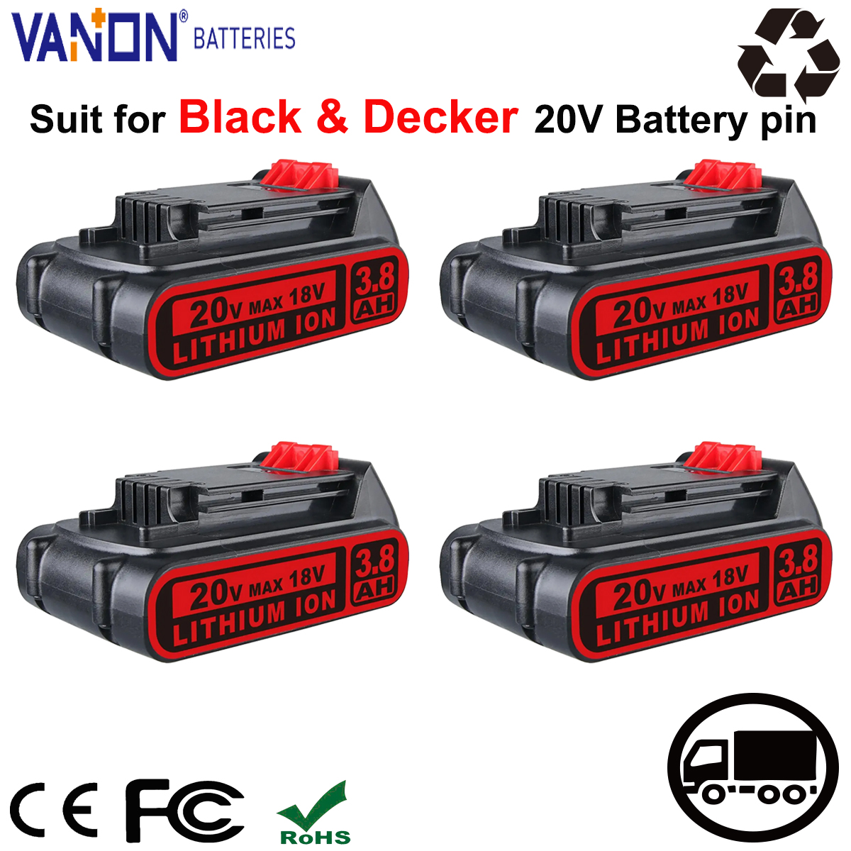 VANON 1/2/4パック 3.8Ah LBXR20 交換用バッテリー ブラック