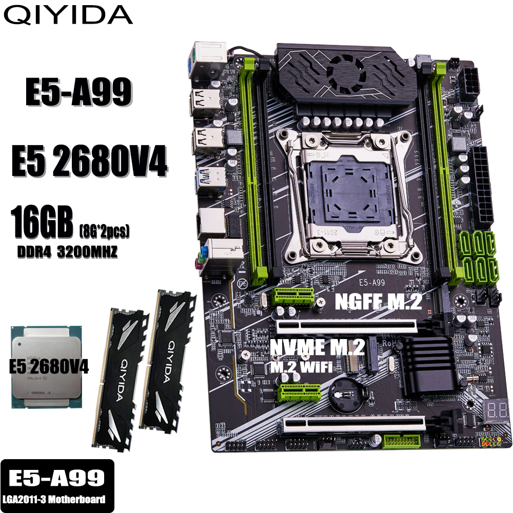 QIYIDA X99 motherboard set kit xeon LGA2011-3 E5 2680 V4 2*8gb=16GB 3200MHz 4 channels DDR4 SATA 3.0 nvme M.2 ATX E5 A99