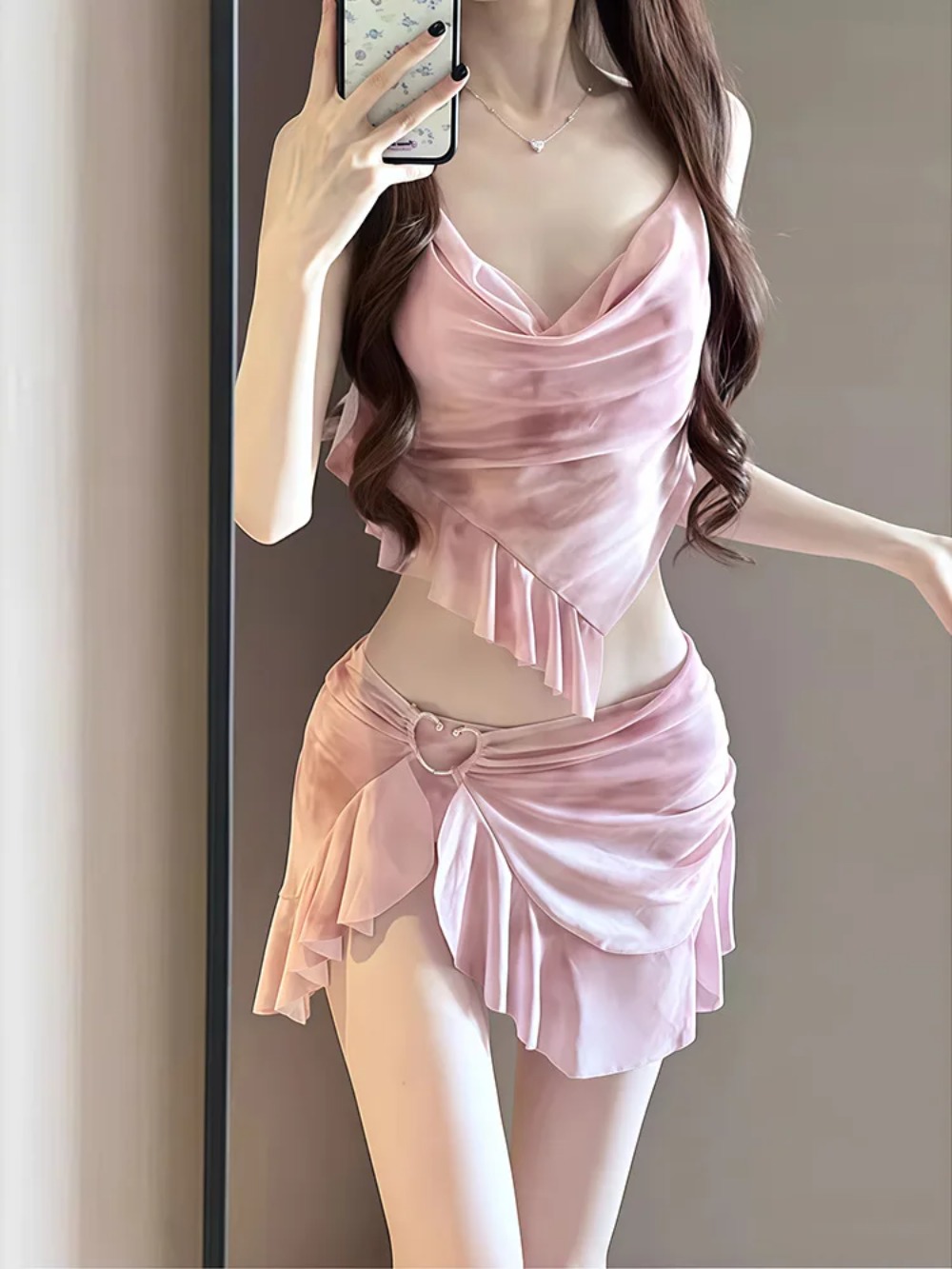 新しい韓国風ピンクの女性用ビキニセット、グラデーションフリル、スリーピースメッシュスカート、休暇用の夏用水着