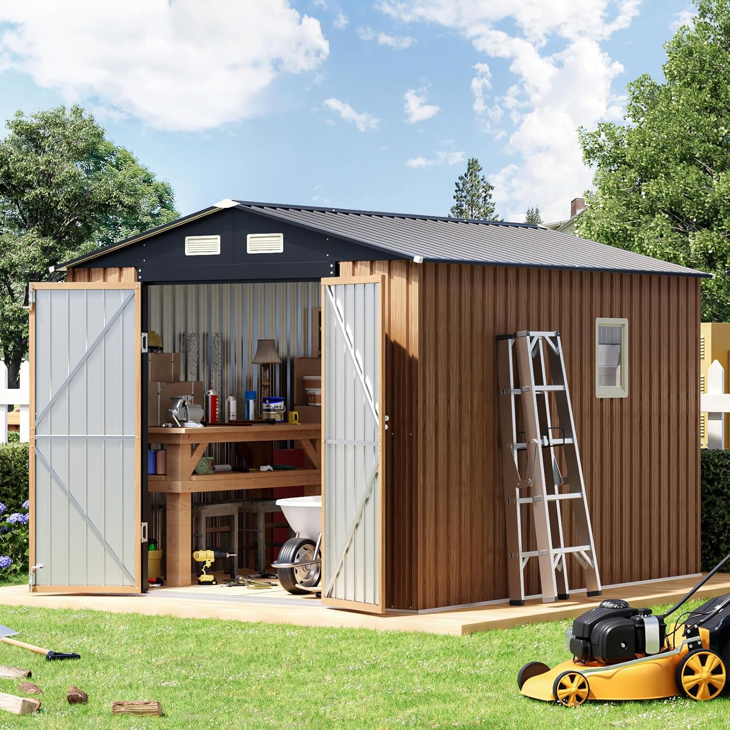 8x10フィートの屋外金属製物置小屋、両開きドア付き