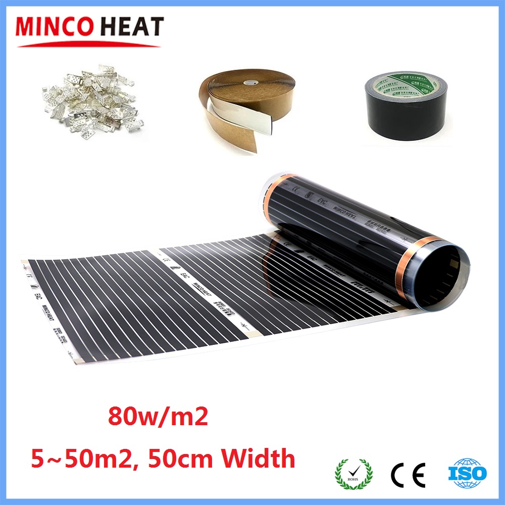 5~50m2 80w/m2 赤外線ウォームマット 床暖房フィルム 最大35C 省エネ クランプと断熱ペースト付き