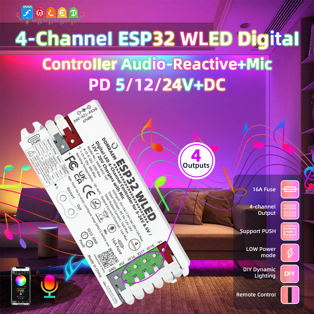 DOMRAEM ESP32 WLED コントローラーサウンド反応性マイク 4 出力 16A ヒューズ PD 5V/12V/20V DC 5-24V WS281X SK6812 APA102 ピクセルライト用