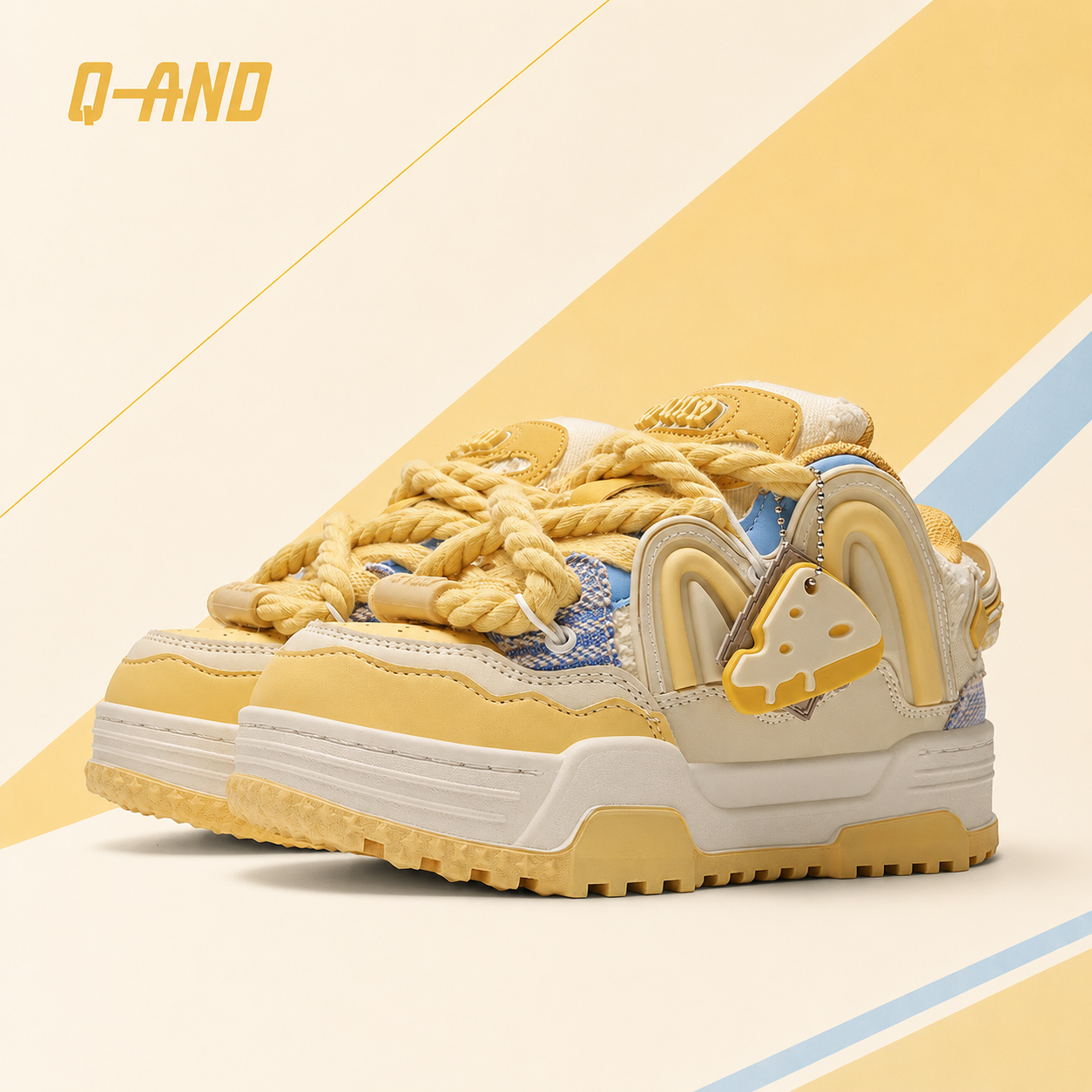 Q-AND Women Kawaii Cheese Yellow Chunky Platform Skate Sneakers with Cheese Pendant, Thick Height Increasing Sole Casual Walking Shoes, Wear Resistant Non Slip Rubber Outsole Cute Streetwear Footwear