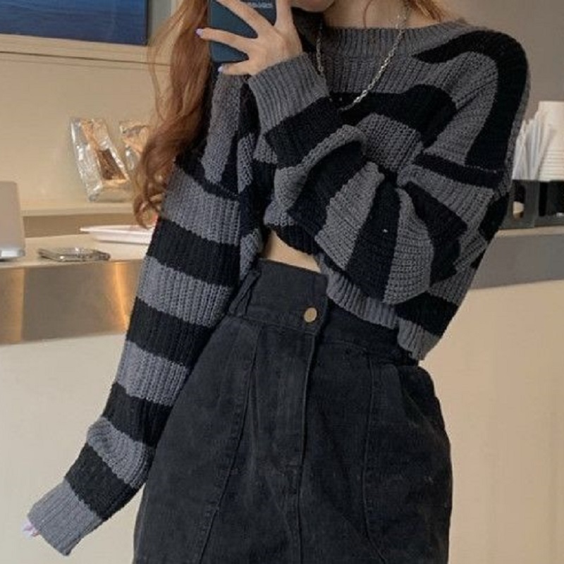 新しい韓国スタイルのストライプ丈セーター女性ヴィンテージオーバーサイズニットジャンパー女性の秋長袖 O ネックプルオーバートップス