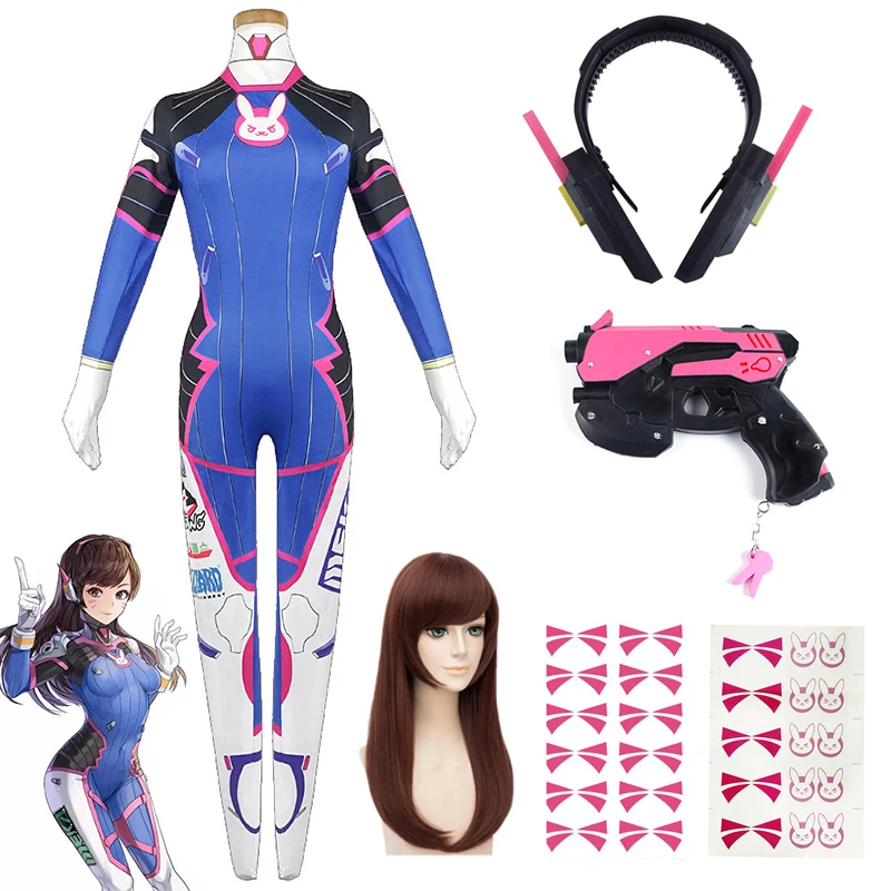 ゲームオーバーウォッチ Dva コスプレ衣装タイツジャンプスーツかつらヘッドフォン銃コスプレ小道具タトゥーステッカースーツ女性パーティー全身タイツ Cos