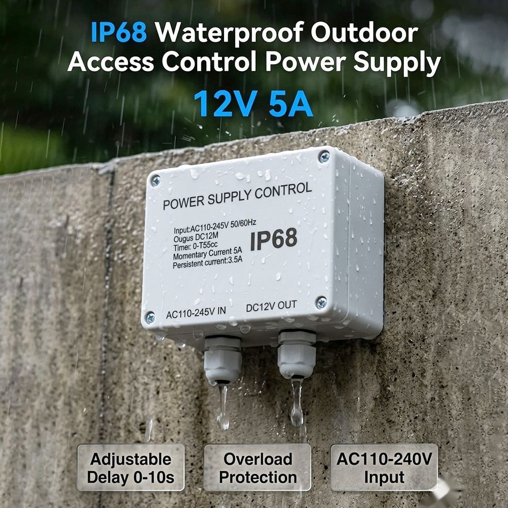 IP68防水屋外アクセス制御電源12V 5A、調節可能な遅延タイマー、電気ドアロックG用過負荷保護