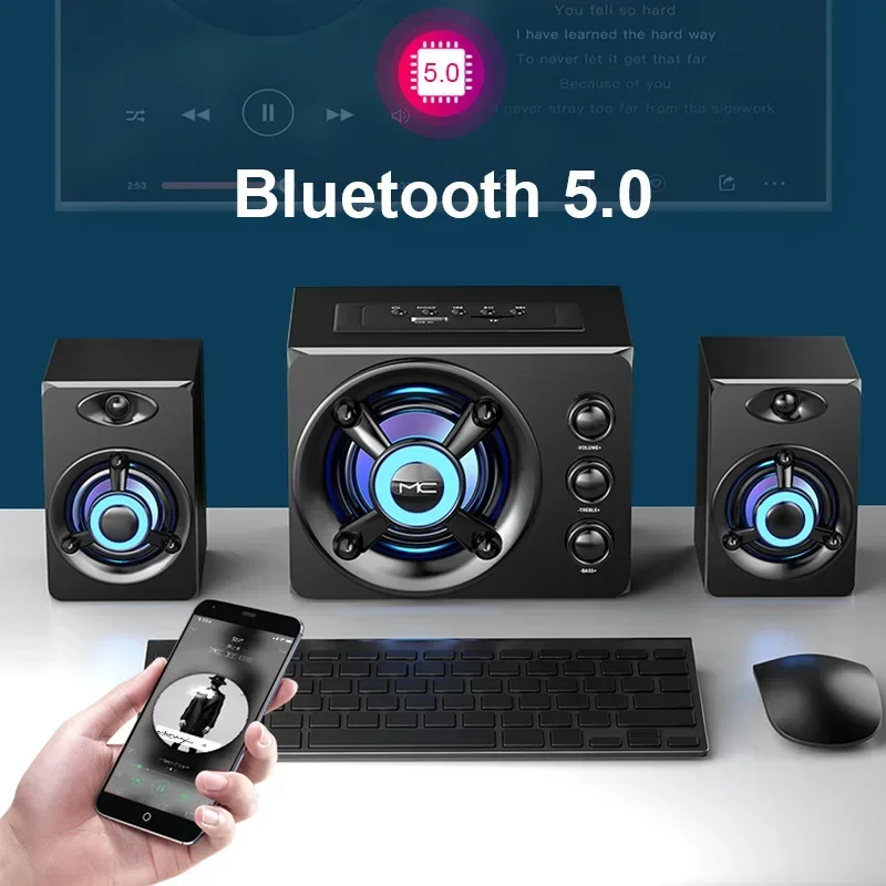 強力な Bluetooth スピーカーカラフルな LED ホーム TV シアターサウンドワイヤレスサブウーファー 3D ステレオサラウンド木製素材 USB 有線