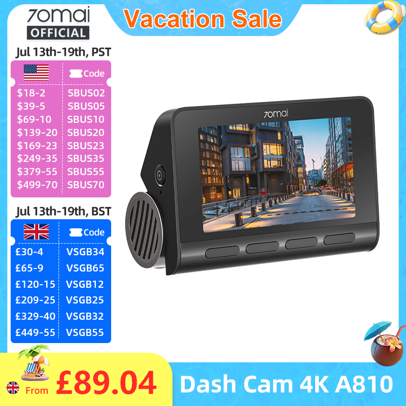 70mai 4K Dash Cam A810 HDR Built-in GPS ADAS 24H Parking 4G Compatible Car DVR 70mai A810