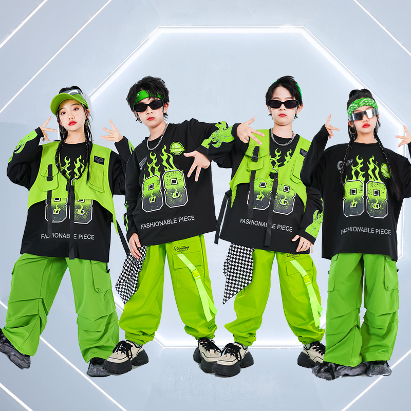 女の子 Kpop ストリートセットグリーンベストトレーナーカーゴパンツボーイズヒップホップストリートダンス服子供ジャズグリーン衣装