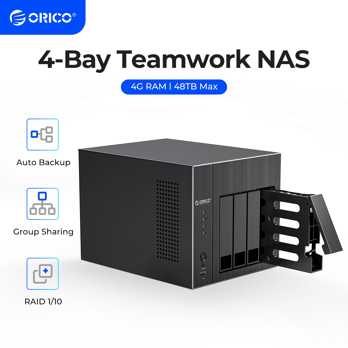 ORICO 3.5 インチ NAS 4 ベイ ネットワーク接続ストレージ、RAID Gen7 RJ45 オーディオ 48TB エンタープライズ向け