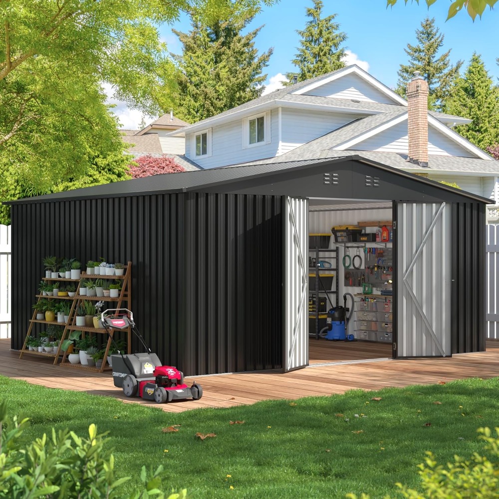 14x12フィートの屋外収納小屋、ロック可能なドア付きの金属製の庭の小屋
