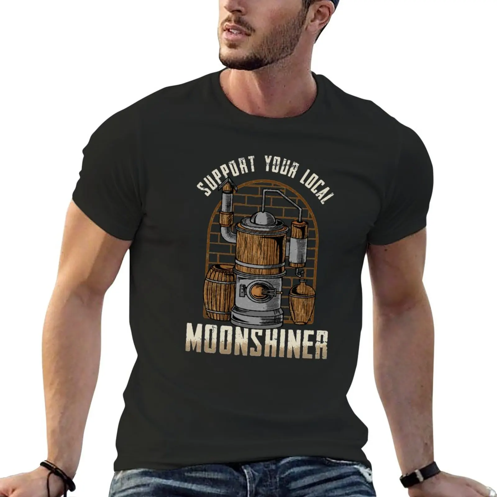 新しいサポートあなたの地元の密造酒師 - スピリット飲酒ギフト Tシャツ黒 t シャツ Tシャツヒッピー服男性用 t シャツ綿