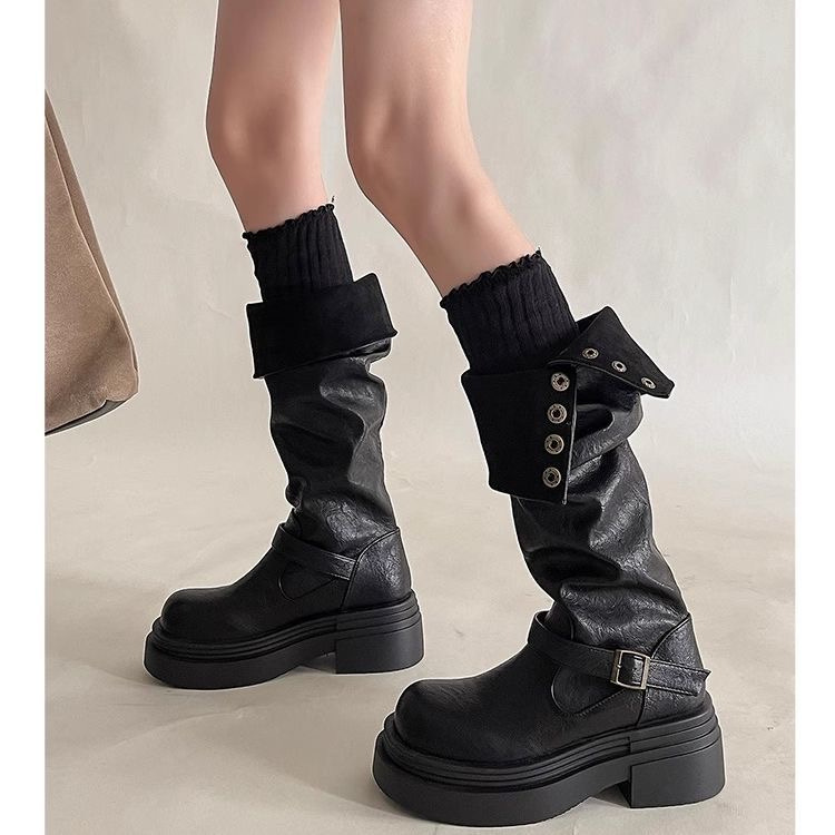 女性のプラットフォームオートバイブーツバックルストラップ厚底ブーツ Feamle 新しい黒 PU レザーウエスタンナイト Bota Ş Mujer