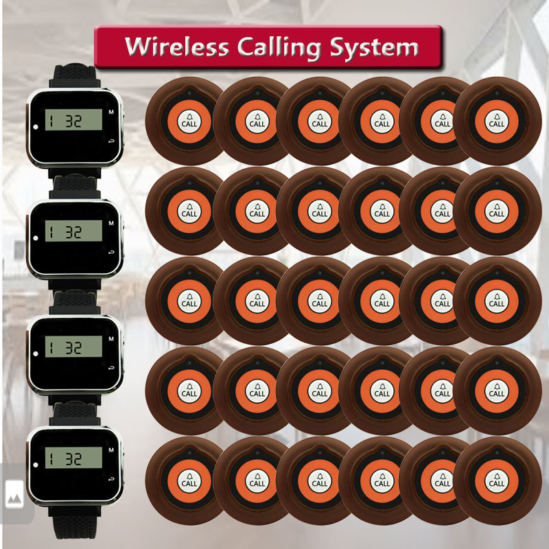 QWICALL ワイヤレスレストラン呼び出しシステム 送信機30台、ウォッチページャー4台、ゲスト/ウェイター呼び出しボタン、テーブルブザー