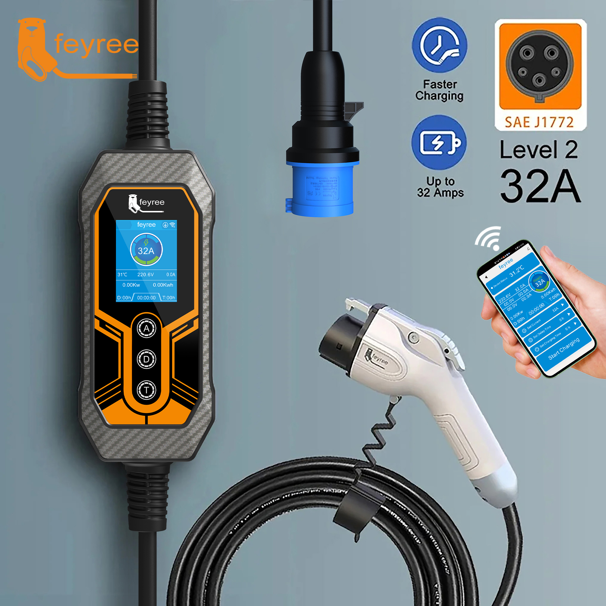 Feyree ポータブル EV 充電器ウォールボックス Type1 J1772 ソケット 32A 7KW 1 相 APP 制御 EVSE ポータブル充電ボックス電気自動車用