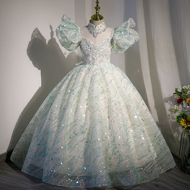 ライトグリーンの女の子のパフォーマンス服、子供用ダブルチュールパフスリーブスカートプリンセスドレス、女の子のホステスショーワードローブ