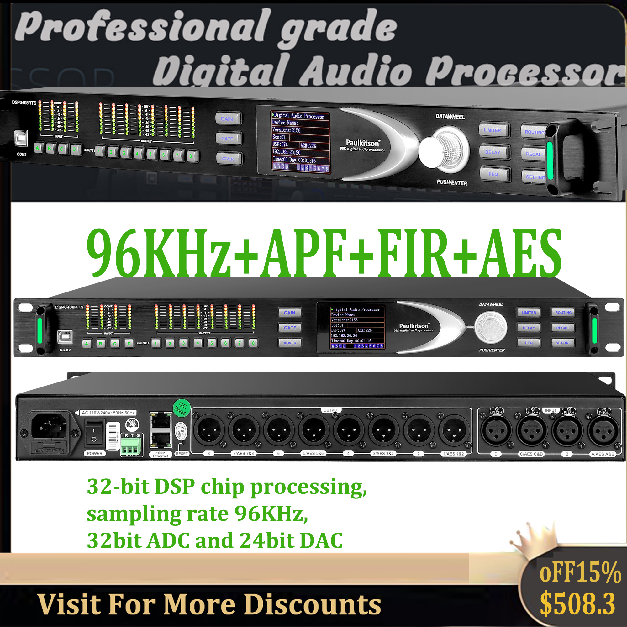 Paulkitson DSP0408RTS プロフェッショナルステージデジタルオーディオプロセッサ 96KHz 32Bit DSP 16Band EQ AES FIR スピーカーオーディオ機器
