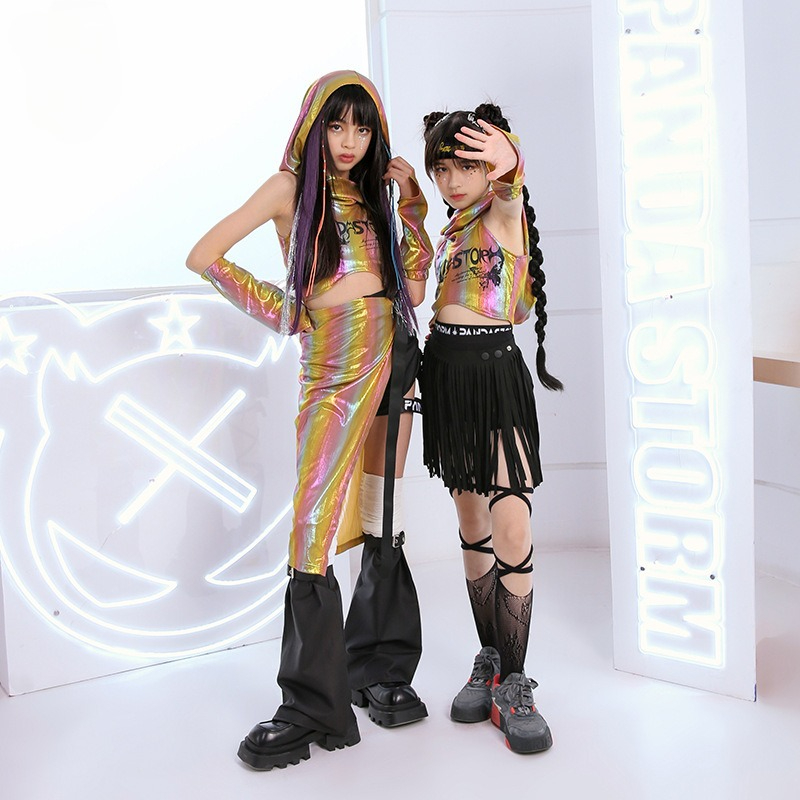 Girls K-pop Laser Golden Top Black Shorts Skirt Clothes Sets Cool Hip Hop Street Dance Costume Group Streetwear Stage Dance Wear