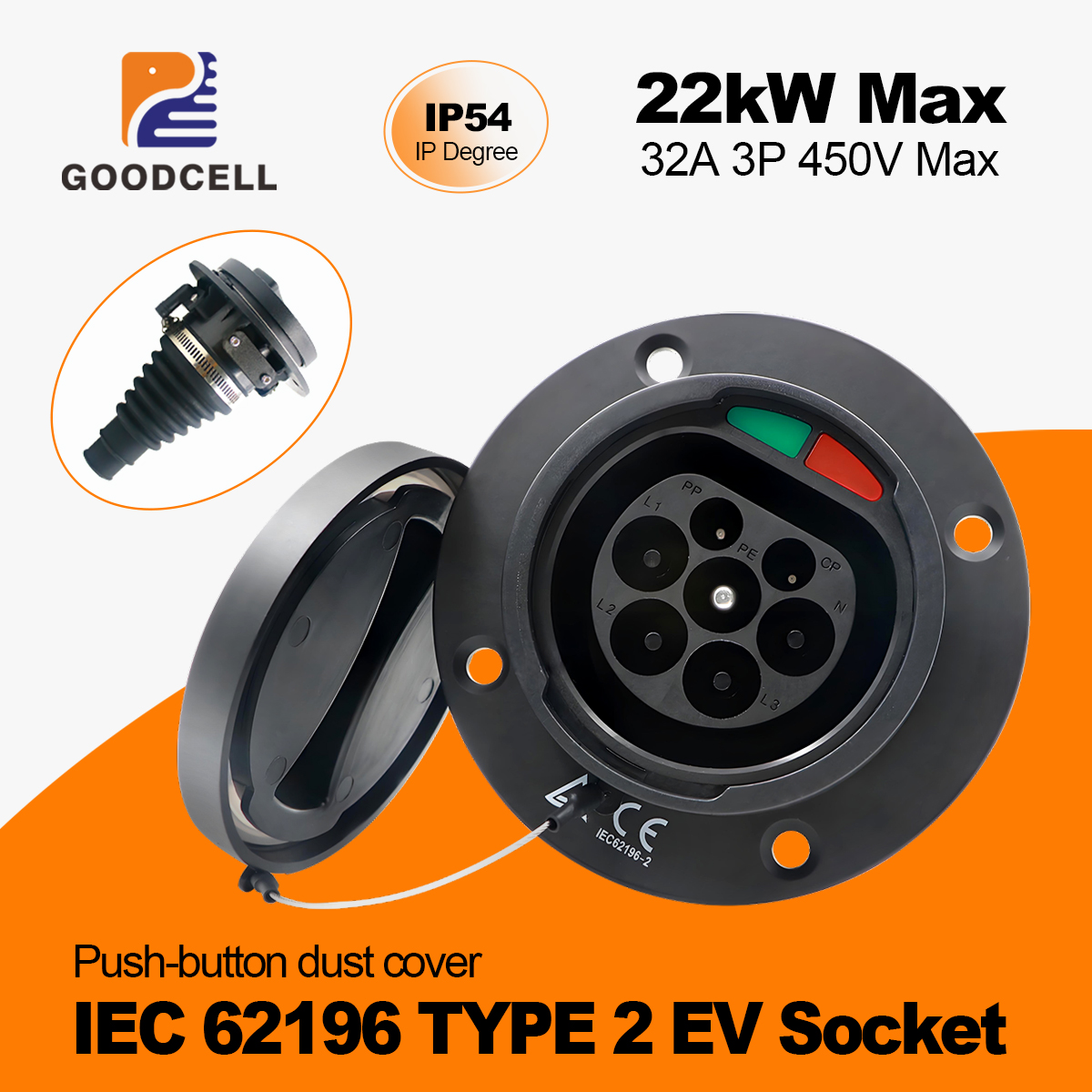 GOODCELL IEC 62196 Type 2 EV Car Side Socket 32A Electric Car Charging Socket Without Cord European Standard