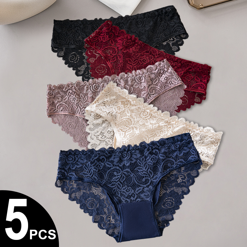 5 ピース/セットソリカラー綿パンティー女性のレース花刺繍ブリーフ無地セクシーな女性の下着ランジェリー