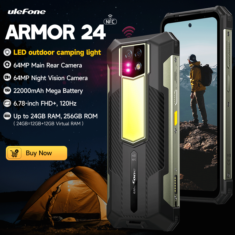 Ulefone Armor 24 頑丈なスマートフォン 最大 24GB RAM 256GB ROM 22000mAh 66W 64MP ナイトカメラ 6.78"120Hz Android 15 グローバル バージョン