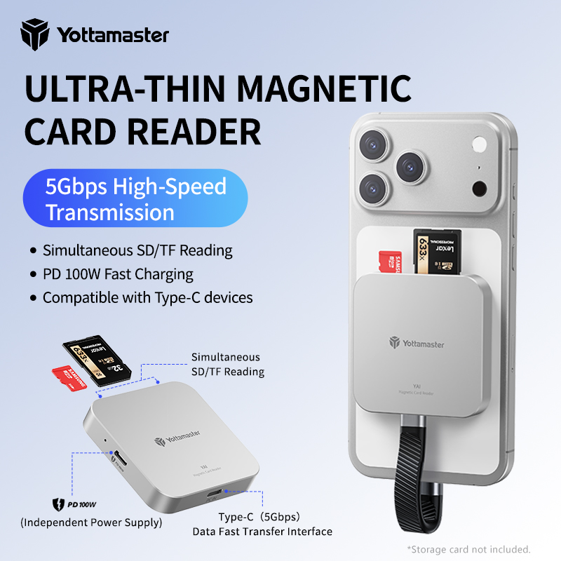 Yottamaster 5Gbps 磁気 Type-C ハブカードリーダー 6 IN 1 USB-C - SD/TF スロットアダプター PD100W USB C ハブ iPhone 17ProMax ラップトップ用