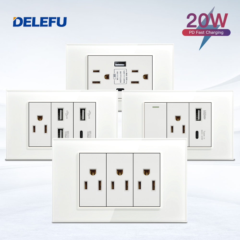 DELEFU ホワイト 118 ミリメートルガラスパネルメキシコ標準 C タイプアメリカ壁コンセントスイッチ急速充電衛星電話 CAT5 CAT6