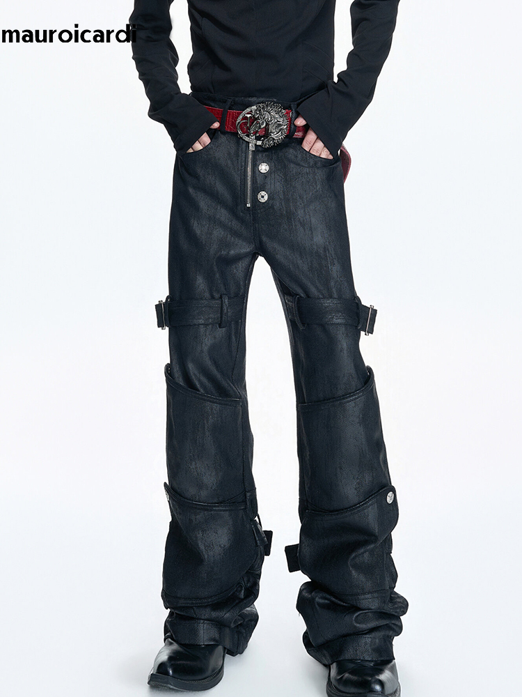 Mauroicardi 春ロング黒ユーズド加工ワックスコットンデニムパンツ男メタルバックルストラップストリートジーンズファッション男服