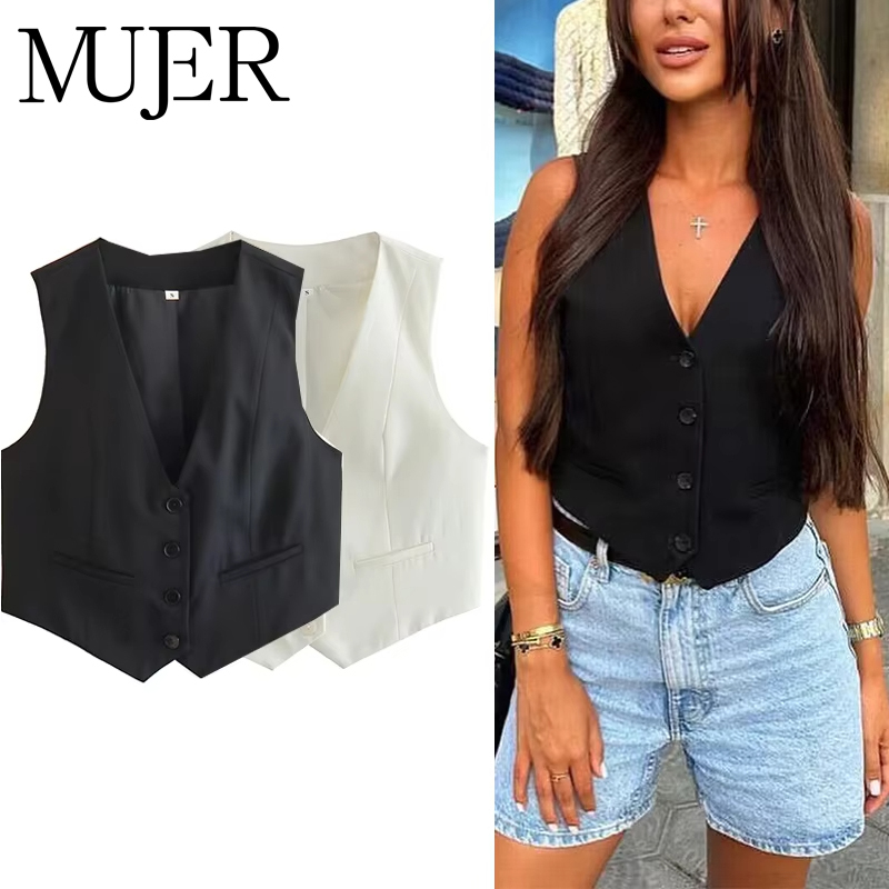 Mujer 女性のベスト黒、白クロップドベストトップ女性 V ネックノースリーブベスト女性ファッション作業夏のスーツベストショートコート