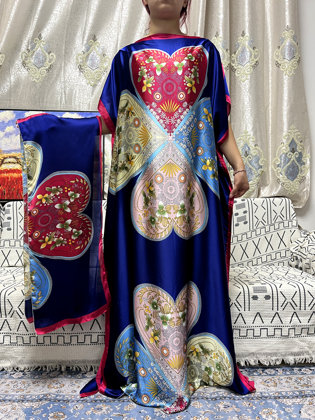 Abayas 女性のための 2023 ファッションプリントシルクサテンルーズファムローブアフリカナイジェリアソフトパーティーイブニングドレスベルトターバン