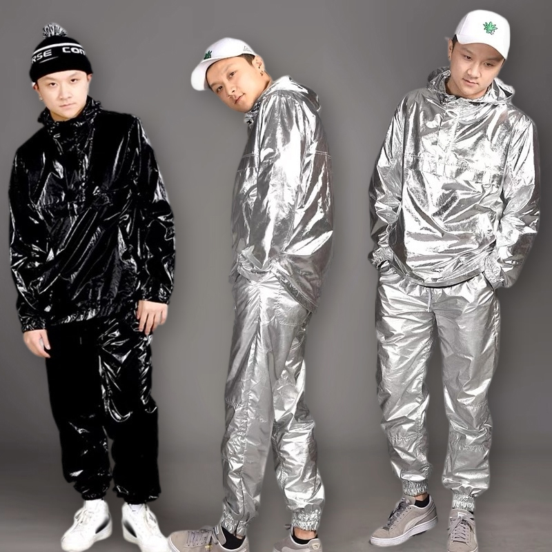 長袖ヒップホップの服ショースーツブライトシルバー/ゴールド/ブラックパーカーパンツストリートダンス衣装チームステージ衣装 VDB1712