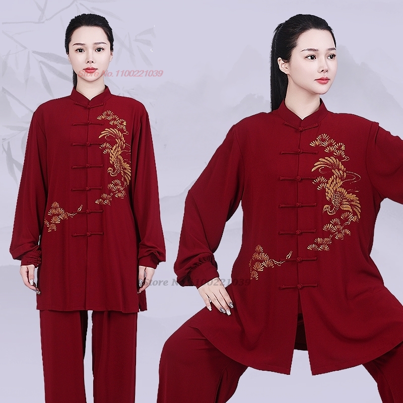 2026 中国カンフー太極拳武道武術制服フェニックスプリントトップスパンツセット詠春拳トレーニング運動パフォーマンス
