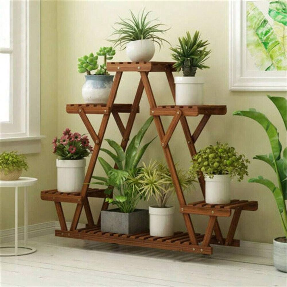 木製植物スタンド屋内 6 段植物棚三角形植木鉢スタンドフラワーラックリビングルームのバルコニー 28 × 10 × 23